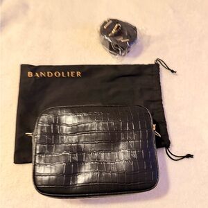 Bandolier Black Croc Embossed Bag with Gold Accents